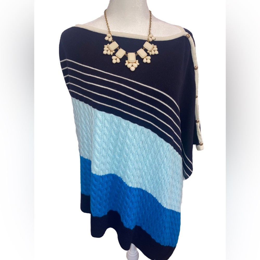 Stripe Cable Asymmetrical Poncho INDIGO BLUE MULTI – Talbots Womens, M/L